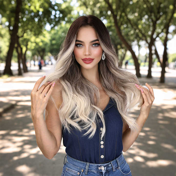 Trendy Long Wig in Brown & Silver Blend