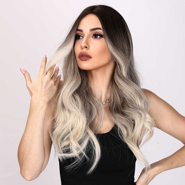 Trendy Long Wig in Brown & Silver Blend