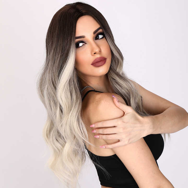 Trendy Long Wig in Brown & Silver Blend