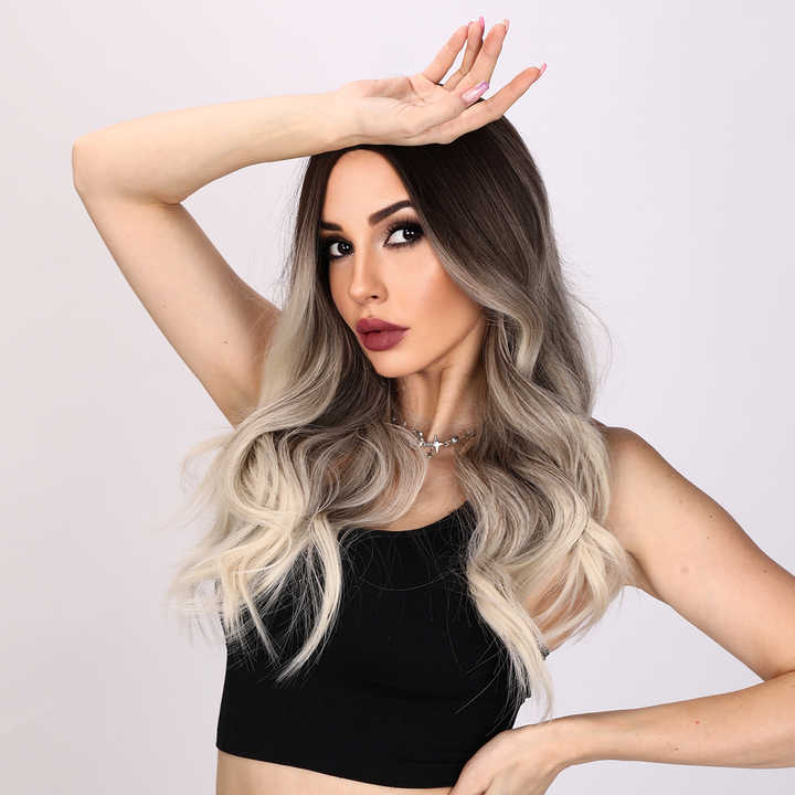Trendy Long Wig in Brown & Silver Blend