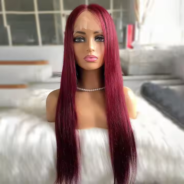 Glueless Wigs Natural Raw Brazilian Hair PreMax Burgundy Red Straight Wigs