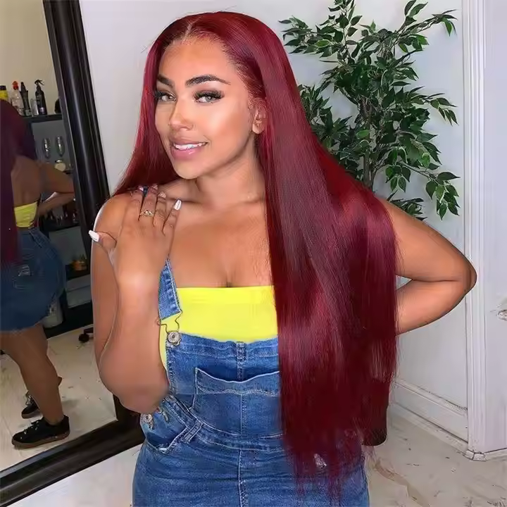 Glueless Wigs Natural Raw Brazilian Hair PreMax Burgundy Red Straight Wigs