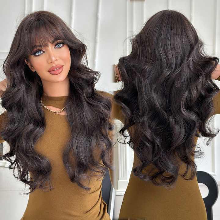 Brown Lace Front Wig, Long Curly Hair with Natural Waves Full-Head Size, High-Temperature Fiber