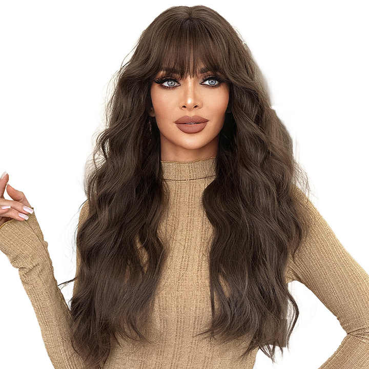 Brown Lace Front Wig, Long Curly Hair with Natural Waves Full-Head Size, High-Temperature Fiber