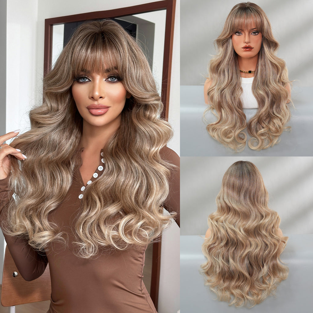 Brown Lace Front Wig, Long Curly Hair with Natural Waves Full-Head Size, High-Temperature Fiber