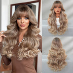 Brown Lace Front Wig, Long Curly Hair with Natural Waves Full-Head Size, High-Temperature Fiber