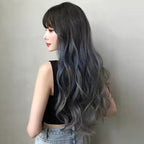 Wavy Black Wig with Teal and Gray Highlights