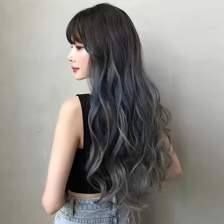 Wavy Black Wig with Teal and Gray Highlights