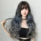 Wavy Black Wig with Teal and Gray Highlights