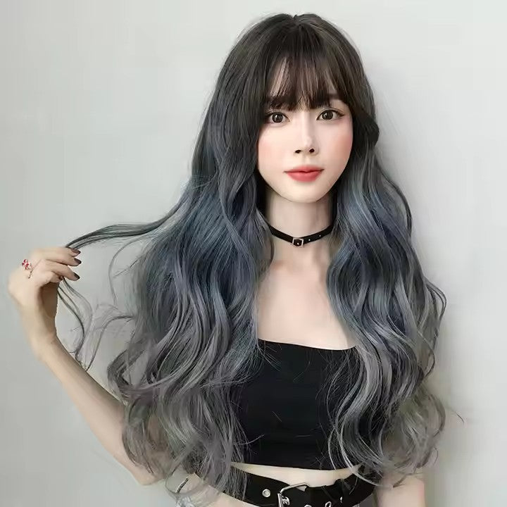 Wavy Black Wig with Teal and Gray Highlights