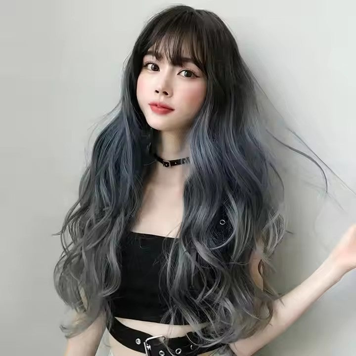 Wavy Black Wig with Teal and Gray Highlights