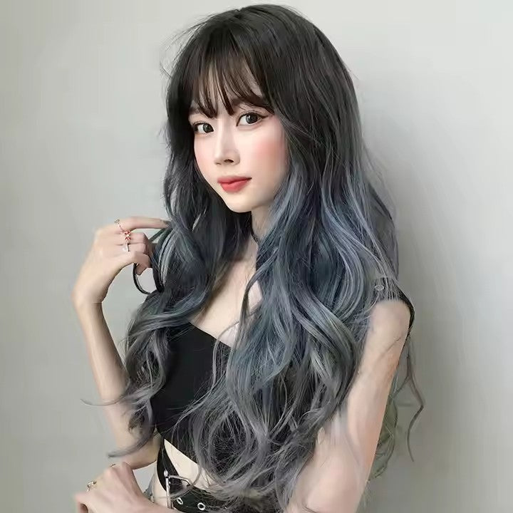 Wavy Black Wig with Teal and Gray Highlights